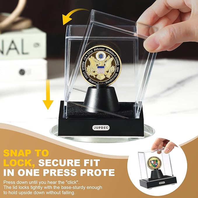 JupDec Coin Display Case, Clear Acrylic Single Coin Holder with Durable Base, Dustproof Cube Showcase with Black Velvet Interior, Ideal Gift for Challenge Coin Fans & Collectors