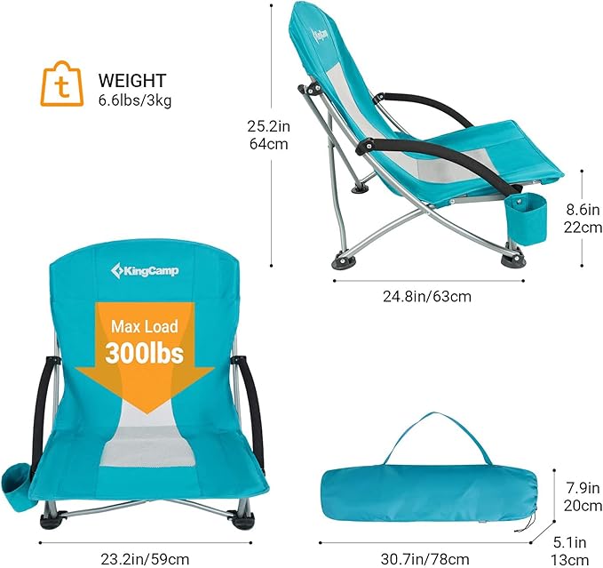 KingCamp Low Beach Chairs, Folding Portable Chair for Adults Lightweight Extra Wide Seat 300lbs Heavy Duty Oversized Backpack, Carry Bag for Camping