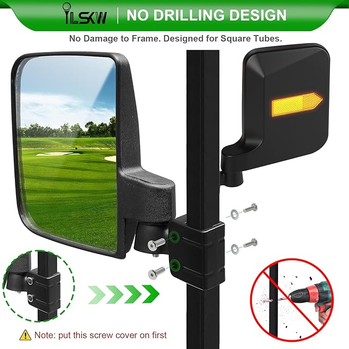 No Drilling Golf Cart Side Mirrors with Built-In Reflector, Universal Rear View Mirrors for 0.75"/1"/1.25" Square Strut Fits Ezgo,Club car,Yamaha Cart with 180 Degree Rotation HD Glass