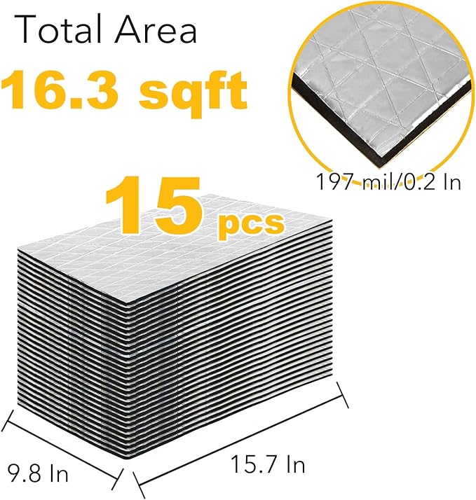 Automotive Sound Deadening Materials - 197 mil 16.3 sqft Car Soundproof Foam Mat, Sound Dampener and Heat Insulation for Auto, Vehicle