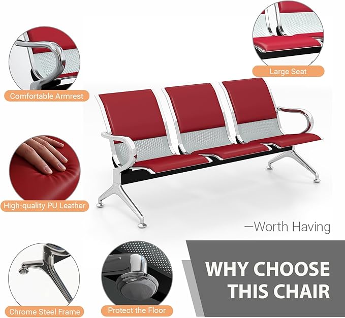 Kinfant Red 9-Seat Waiting Room Chairs with Arms – Heavy-Duty Steel Frame PU Leather Back & Cushioned Seat, Ergonomic Office Reception Guest Chair for Lobby, Clinic, Airport