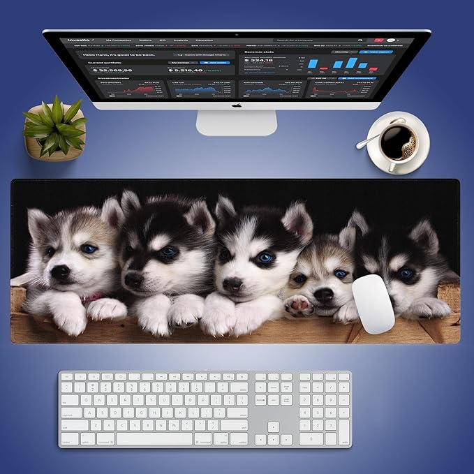 Wknoon. Extra Large Gaming Mouse Pad (31.5" x 11.8") with Durable Stitched Edges – Adorable Siberian Husky Puppies in Wooden Crate, Anti-Slip Rubber Base & Smooth Fabric Surface Extended XXL Desk Mat