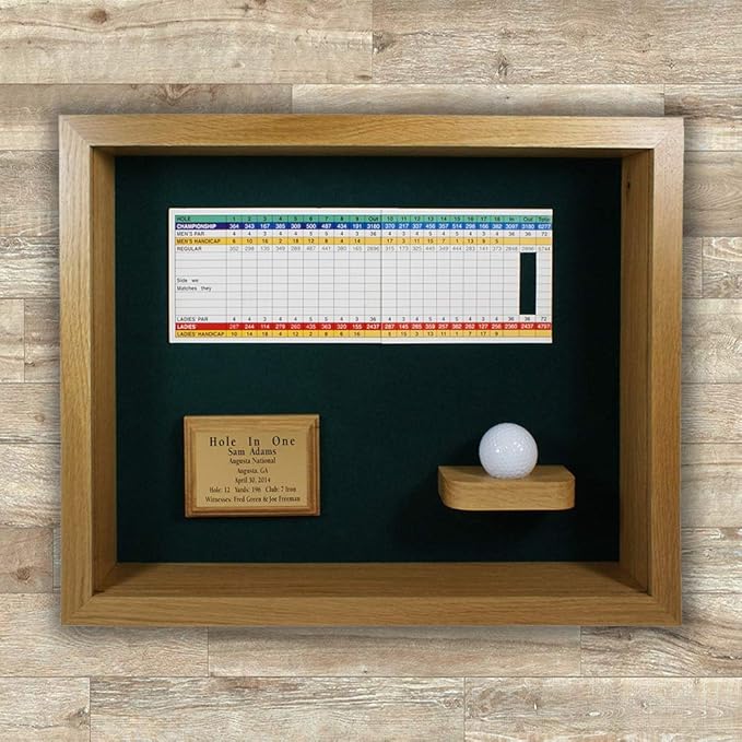 Hole in One Shadowbox and Golf Ball Display Case | Personalized Engraved Plate | Holds Golf Ball and Scorecard or Photo | Horizontal Layout | Oak Finish | Wall Mounted