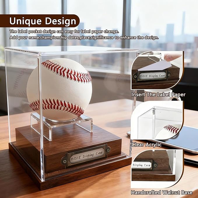 Baseball Display Case - Clear Cube Baseball Holder with Walnut Wood Base,Memorabilia Autograph Stand Box for Single Ball,Ideal Gift for Collector & Sports Enthusiast(1 Pack Baseball)