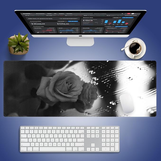 Wknoon. Extra Large Gaming Mouse Pad (31.5" x 11.8") with Durable Stitched Edges – Grey Rose Near a Window with Rain Drops Reflection of Blossom, Anti-Slip Base & Smooth Surface Extended XXL Desk Mat