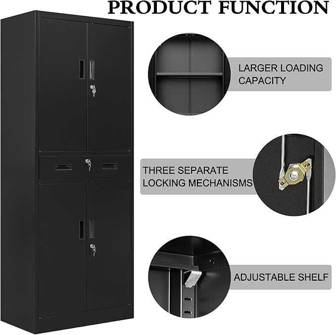 CJF Metal Storage Cabinet, 71" H Locking Storage Cabinet with Drawer and Adjustable Shelves, Steel Cabinets for Garage, Home Office, Kitchen (Black)