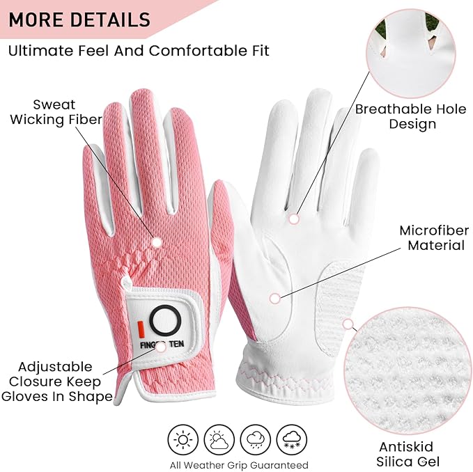 FINGER TEN Womens Golf Glove Right Handed Golfer Left Hand 1 Pack Golf Gloves Rain Grip Hot Wet All Weather Mesh for Women Girls Ladies Small Medium Large