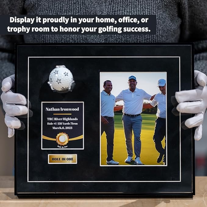 One-Shot Victory Golf Ball Display Frame – Acrylic Case with External Ball Mount, Custom Photo & Nameplate, Black Suede Mat, Elegant Golf Keepsake Gift