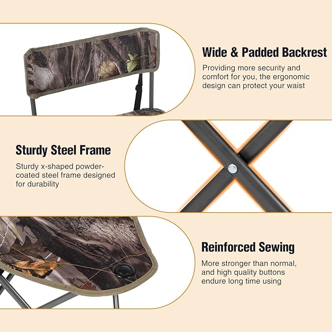 REDCAMP Tripod Hunting Chair for Blinds, Folding Lightweight Portable Fishing Chair for Adults Hunting Stools with Backrest, Golf Chairs for Spectators, Camo