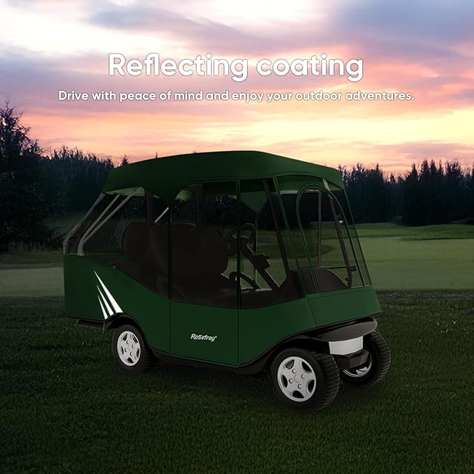 Rosefray Golf Cart Enclosure, 2+2 Drivable Rain Cover, Short Roof 58" - EZGO, Club Car - Durable Door Zipper - 4 Seater Golf Cart Cover Glowing at Night