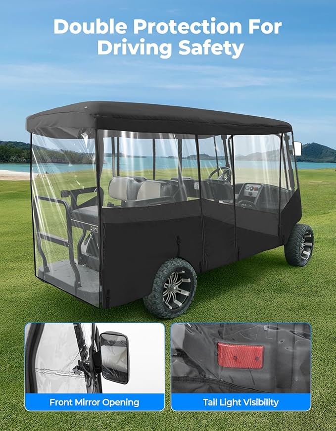 KEMIMOTO Golf Cart Enclosure, 4&6 Passenger Golf Cart Rain Cover, 600D Waterproof Driving Enclosure with Clear PVC Windshield for Extended Roof Cart