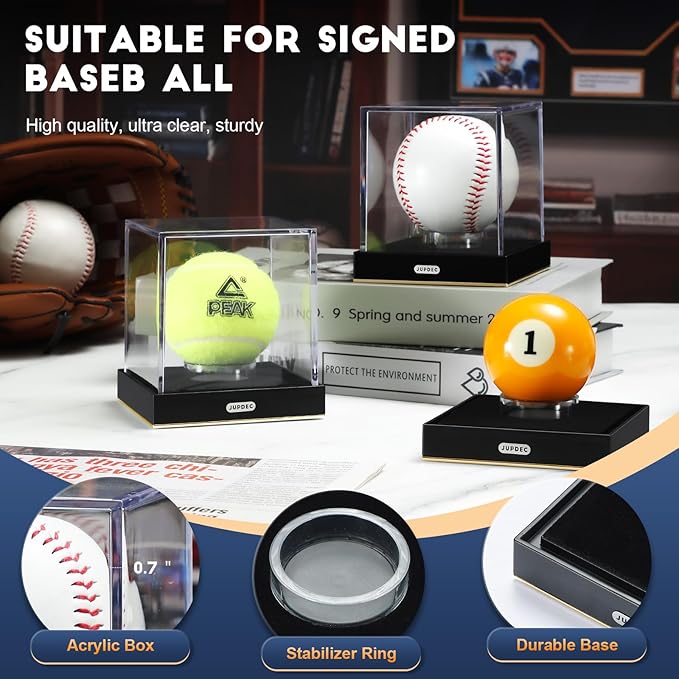 JupDec Baseball Display Case, Clear Acrylic Cube Baseball Holder with Durable Base, UV Protected Autograph Stand Box for Single Ball, Ideal Gift for Collector & Sports Enthusiast, Gold, 2 Pack