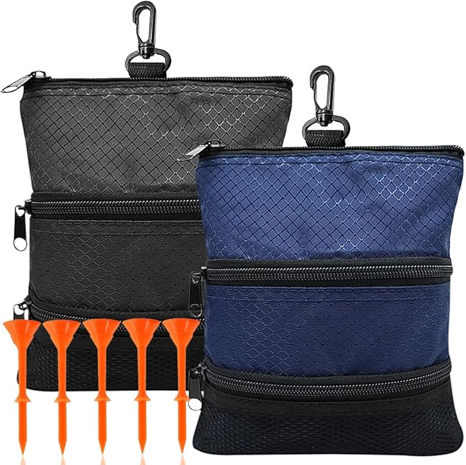 Golf Bag Accessories Valuables Pouch Bags Multi Pocket Zipper Hook with 10 Pcs Wood Golf Tees for Men Women