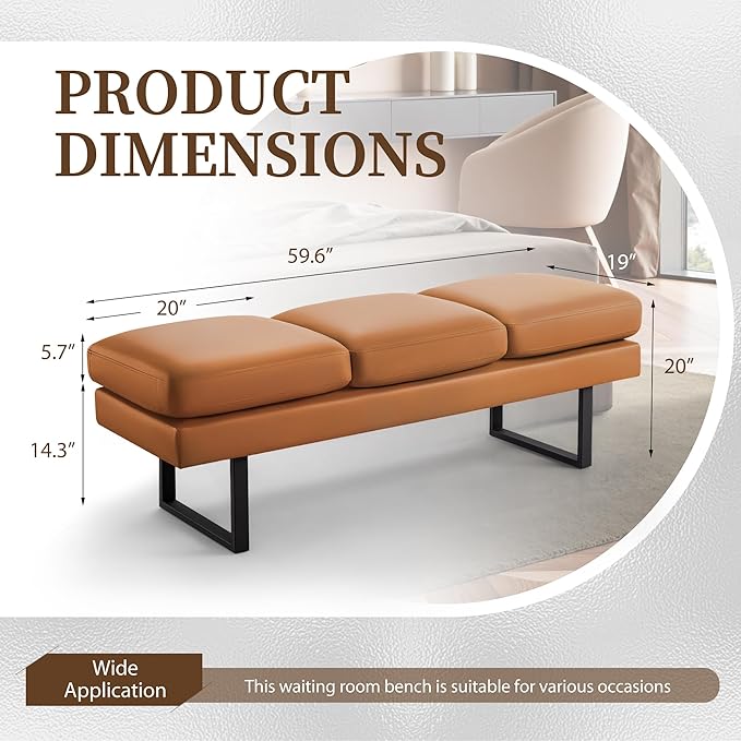 Furniwell Waiting Room Seating - 3-Seat Faux Leather Reception Bench, Office & Conference Room Guest Chair, Brown