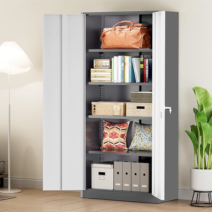 Greenvelly Metal Storage Cabinet with Doors and Shelves, 72'-Inch Locking Metal Cabinet for Garage, Office, School, Warehouse (White Gray)