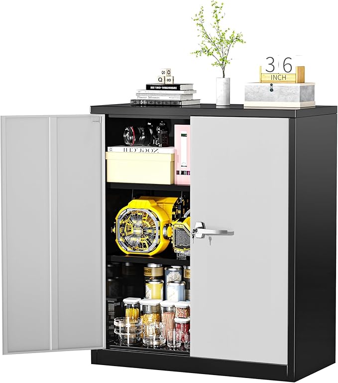 Greenvelly Metal Garage Storage Cabinet, Lockable Metal Cabinets with 2 Doors and Shelves,36” Steel Storage Locking Counter Cabinet for Office,Garage,Kitchen,Home,School(Black Grey)