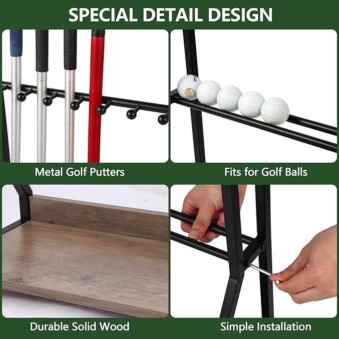 Golf Putter Stand for 9 Clubs & 9 Balls, Solid Wood & Iron Golf Club Rack, Golf Club Organizer Floor Stand, Golf Club Holder | Rustic Modern Design for Home, Office, Golf Course Accessories
