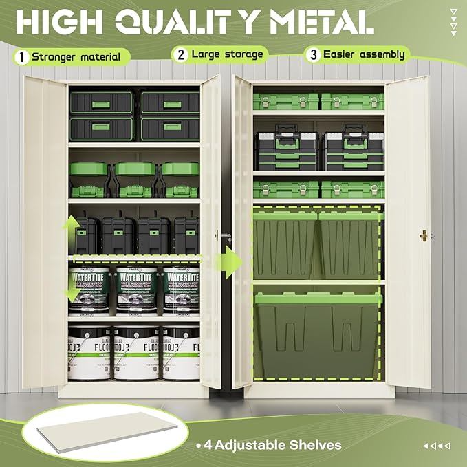 SUNCROWN 72" Metal Storage Cabinet - Heavy-Duty Metal Garage Cabinet with 4 Adjustable Shelves & 2 Doors for Tools, Office, Home, Workshop,Warm Grey