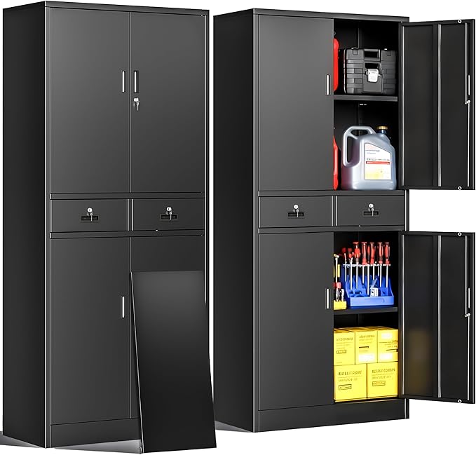 CJF Metal Storage Cabinet, 71" H Metal Cabinets with Adjustable Shelves and Drawers, Locking Storage Cabinet for Pantry, Office, Garage, Home, School, Utility (Black)