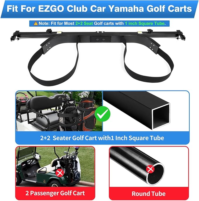 Golf Cart Rear Seat Bag Holder Bracket Attachment for Most 2+2 Golf Cart Rear Seat with 1 Inch Square Tube, No Drilling Golf Cart Bag Attachment for EZGO Club Car Yamaha Golf Carts, Metal / Stable