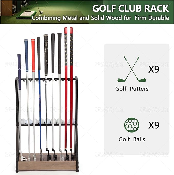 Golf Putter Stand for 9 Clubs & 9 Balls, Solid Wood & Iron Golf Club Rack, Golf Club Organizer Floor Stand, Golf Club Holder | Rustic Modern Design for Home, Office, Golf Course Accessories