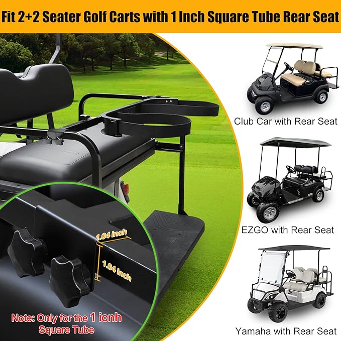 No Drilling Golf Cart Bag Holder Bracket for 2+2 Golf Cart Rear Seat with 1 Inch Square Tube, Universal Golf Bag Attachment Adjustable for EZGO Club Car Yamaha Golf Carts