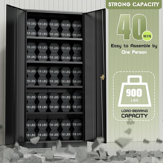 SUNCROWN 72" Metal Storage Cabinet - Heavy-Duty Metal Garage Cabinet with 4 Adjustable Shelves & 2 Doors for Tools, Office, Home, Workshop,Black