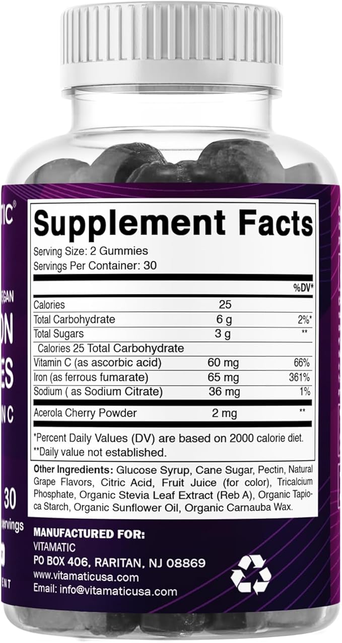 Vitamatic Iron 65 mg Gummies Supplement for Women & Men - 60 Vegan Gummies - Great Tasting Iron Gummy Vitamins with Vitamin C (3)