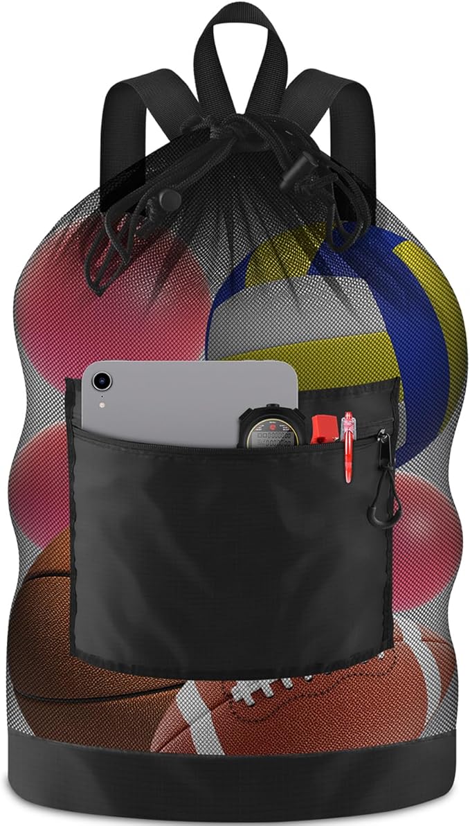 BROTOU Soccer Ball Bag with Double Shoulder Strap Large Mesh Sports Equipment Net Bag with Top Handle Heavy Duty Drawstring Bags Team Work for Basketball, Volleyball, Baseball, Swimming Gear