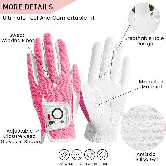 FINGER TEN Womens Golf Glove Right Handed Golfer Left Hand Rain Grip Hot Wet All Weather Value 2 Pack, Golf Gloves Breathable Flexible for Ladies Women