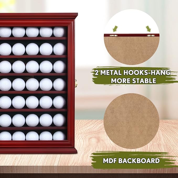 7-Shelf Golf Ball Display Case in Solid Pine Wood with UV Protection and Lockable Glass Door for Organizing and Showcasing Golf Memorabilia