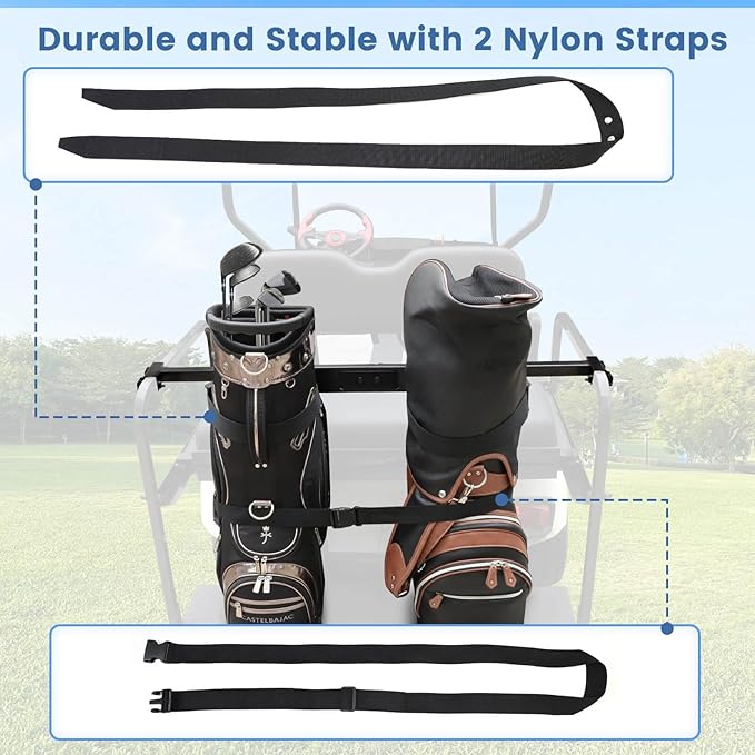 Golf Cart Rear Seat Bag Holder Bracket Attachment for Most 2+2 Golf Cart Rear Seat with 1 Inch Square Tube, No Drilling Golf Cart Bag Attachment for EZGO Club Car Yamaha Golf Carts, Metal / Stable