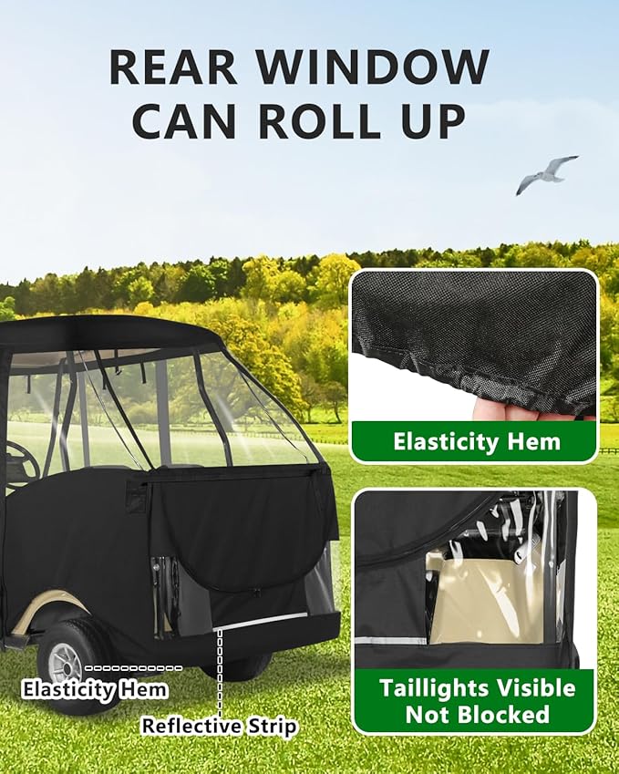 Golf Cart Enclosures 4 Passenger Short Roof 58 inch for Club Car DS 2+2 Seater,600D Clear Rain Cover Driving Enclosure,Roll Up 4 Sided Transparent Windows&Door Heavy Duty Zipper,Side Mirrors Openings