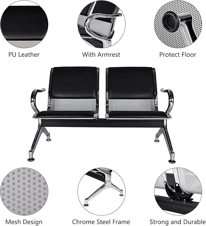 2-Seat Waiting Room Chairs - Waiting Room Bench with Arms Airport Reception Bench Guest Reception PU Leather Lobby Bench Waiting Area Chairs for Market Bank Hospital School, Black