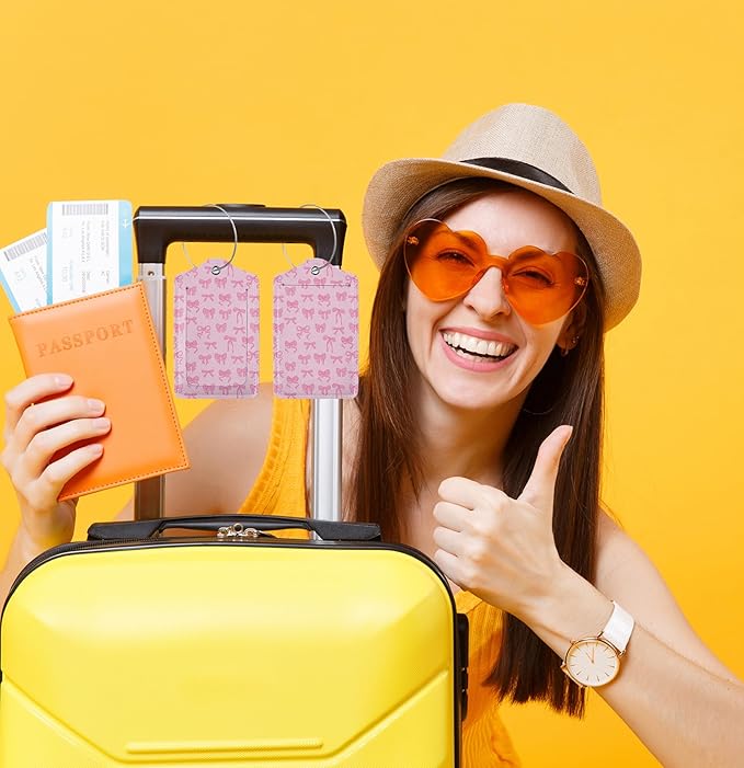 TSA Approved Luggage Tags for Suitcases Pink Bow 2 Pack Funny Leather Carnival Cruise Airport Cute Travel Name Tags Golf Bag tag Ships Essentials Privacy Cover ID Label for Women Men