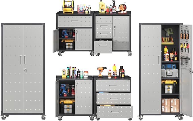 Metal Tool Cabinet,Garage Storage Cabinet System,Wall Cabinet & Locking Rolling Tool Cabinet with Doors and Adjustable Shelves,Steel Tool Cabinets for Home (6 Pcs-StyleA, Black & Grey)