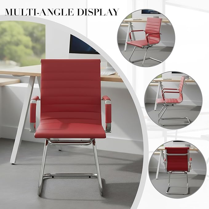 CIMOTA Waiting Room Chairs Leather Office Guest Chair Mid Back Reception Chairs with Sled Base for Meeting/Patient/Conference Room, Red Set of 8