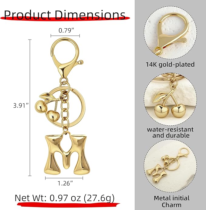 Gold Bubble Heart, Cherry, Bow & More Designs Letter Initial Keychain Bag Charms – Cute Purse Charms for Handbags