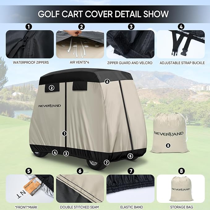 NEVERLAND Golf Cart Cover 2 Passenger - Outdoor Waterprood Golf Cart Covers, 420D Club Car Golf Cart Covers With Air Vent&Zipper Compatible with EZGO Yamaha Club Car 2 Seat (Up to 95 Inch)Black+Brown