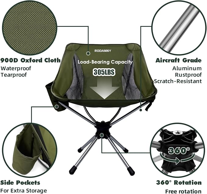 Camping Chairs, 360° Degree Swivel Folding Chairs,Portabl Outdoor Chairs for Travel Hiking Fishing lawns Picnic Hunting,Support 305 LBS,Lghtweight,Green