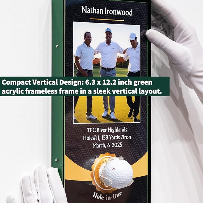Green Acrylic Perfect Shot Golf Ball Display Case Frame, 6.3x12.2 Inch Vertical Design with Custom Name, Photo, and Details, Art Print Background, Acrylic Ball Holder (Golf Ball Not Included)
