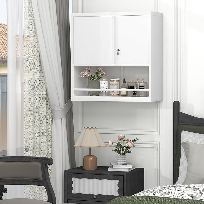 GREATMEET 31" H Locking Metal Garage Storage Cabinet with Doors and Shelves, Lockable Wall Cabinet Storage, White Steel Wall Mount Cabinet Hanging Floating for Office Utility Room