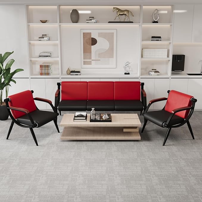 wonline Waiting Room Bench, Office Furniture Reception Chairs with Arms, Leather Chairs is Suitable for Clinic,Airport,Hospital,Barber,Salon,Bank-(Red&Black,4pcs)