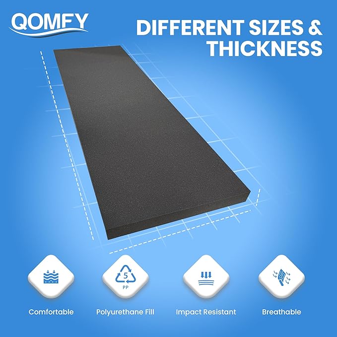 QOMFY 1"" Height x 18"" Width x 24"" Length Charcoal Upholstery Foam Sheet | Made in USA | Multi-Purpose Foam for Upholstery, DIY, Packaging & Acoustic Projects, CHAR-1x18x24