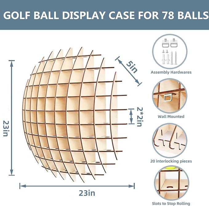 Golf Ball Display Case in the shape of a ball, Golf ball holder will hold up to 78 Golf Balls, Great for Collectors!