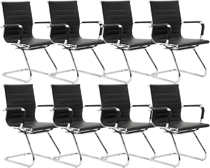 CIMOTA Waiting Room Chairs Leather Office Guest Chair Mid Back Reception Chairs with Sled Base for Meeting/Patient/Conference Room, Black Set of 8