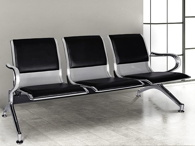 Waiting Room Chairs Guest Reception - 3-Seat Waiting Room Bench with Arms Airport Reception Bench Guest Reception Chairs PU Leather Office Chair for Airport Market Bank Hospital School, Black