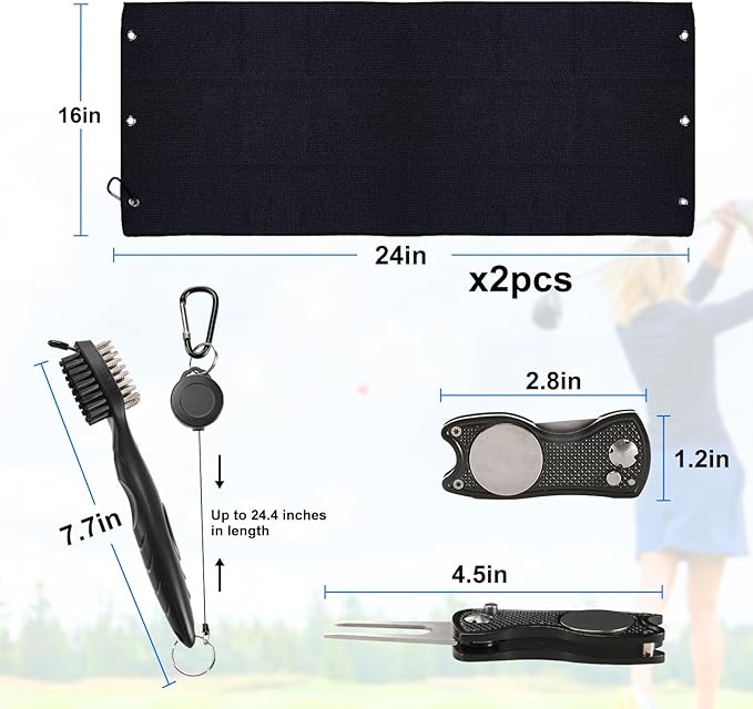 Aulock Golf Towel and Brush Set -16" x24" Microfiber Towels with Clip, Men Cleaning Kit with Golf Club Brush (2 Black Towels + 1 Brush + Golf Divot Tool)