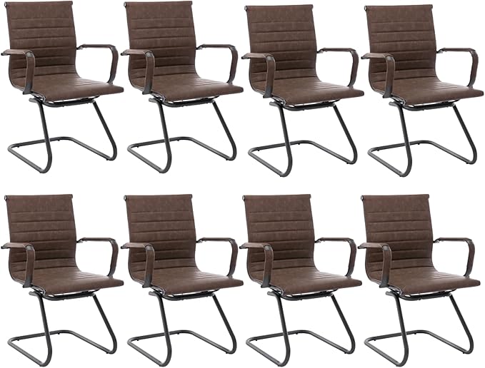 CIMOTA Waiting Room Chairs Set of 8 Leather Office Guest Chair Mid Back Reception Chairs with Sled Base for Meeting/Patient/Conference Room, Retro Brown, 8PCS