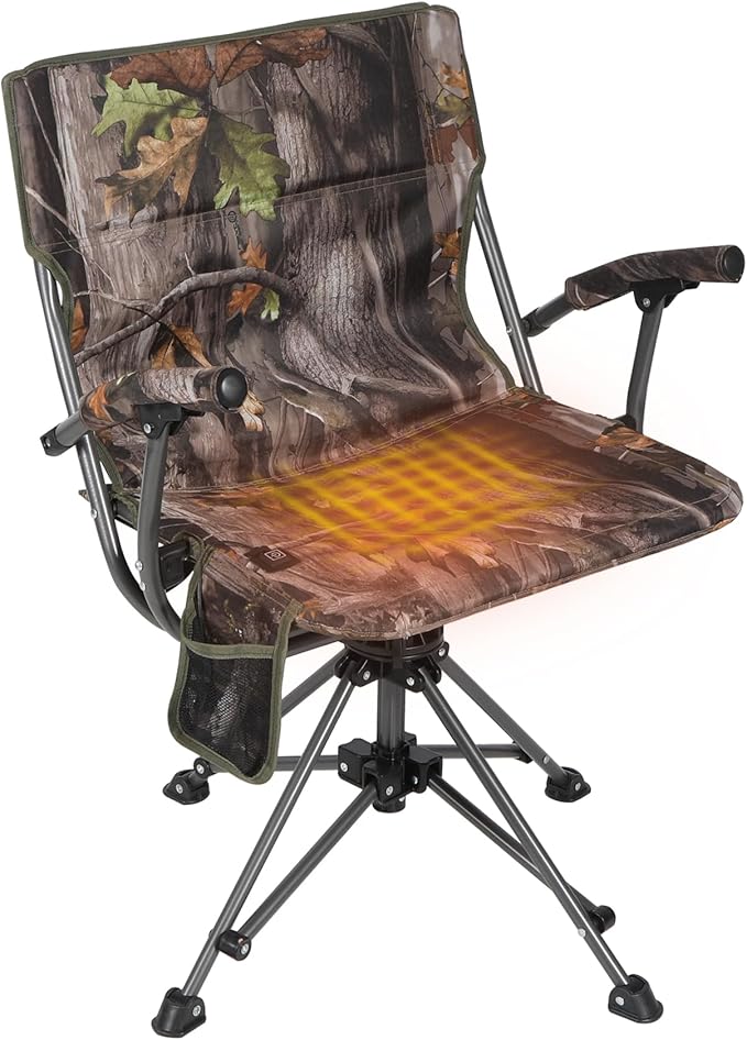 REDCAMP 360° Swivel Heated Hunting Chairs for Ground Blinds, Portable Folding Camo Camping Chairs for Adults Hunting Seats with Hard Arms for Fishing Camping(No Power Bank)